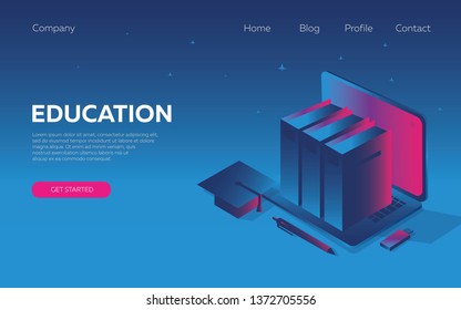 Modern isometric concept of design, online education for a website, inspired by the disco music of the 80s, 3d background, neon, business, science. Landing page template.