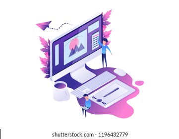 Modern Isometric concept of designer or illustrative workplace with computer graphic tablet,  with design parts on screen. with creative helping team. vector illustration with purple and violet colors.