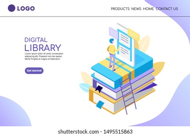 Modern isometric concept of digital library for website. Young man reading book online using smartphone. Landing page template. Graduation, college research, back to school concept. 