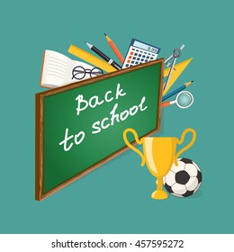 Modern isometric concept for education time with text Back to school on the blackboard, winner cup, football ball and colorful icons  on the turquoise background - eps 10