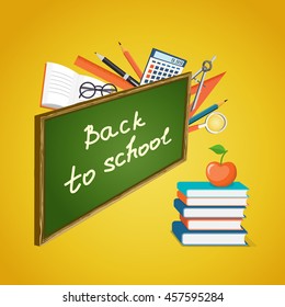 Modern isometric concept for education time with text Back to school on the blackboard, books, apple and colorful icons  on the yellow background - eps 10