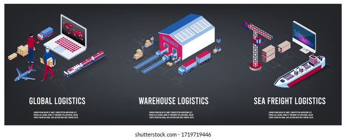 Modern isometric concept of Global Logistics, Warehouse Logistics, Sea Freight Logistics. 
Easy to edit and customize. Vector illustration