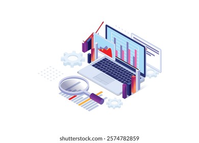 Modern Isometric Concept with laptop computer, charts diagrams, graphs and place for text. Tools for data analysis, statistical or financial analytics. vector illustration for advertisement.