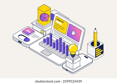 Modern isometric concept of learning and reading books. Online education landing page template. Training courses, tutorials, lectures. Can use for web banner, infographics, and website. Vector illustr