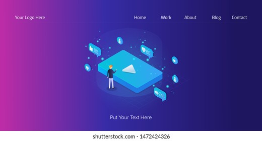 Modern isometric concept of man watching video, viral video, video marketing on social media - vector landing page