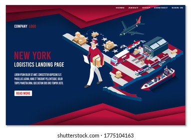 Modern isometric concept of New York Logistics Landing page with Global Logistics, Warehouse, Sea Freight. 
Easy to edit and customize. Vector illustration