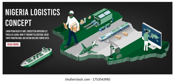 Modern isometric concept of Nigeria Global Logistics, Warehouse Logistics, Sea Freight Logistics. 
Easy to edit and customize. Vector illustration