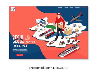 Modern isometric concept of Seoul Logistics Landing page with Global Logistics, Warehouse, Sea Freight. 
Easy to edit and customize. Vector illustration