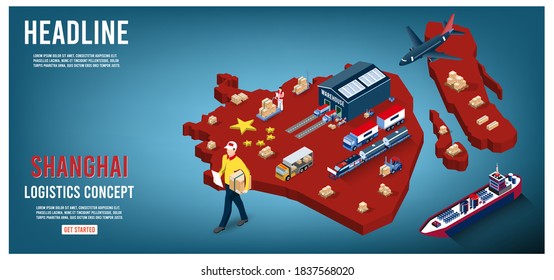 Modern isometric concept of Shanghai Logistics Landing page with Global Logistics, Warehouse, Sea Freight. 
Easy to edit and customize. Vector illustration EPS 10