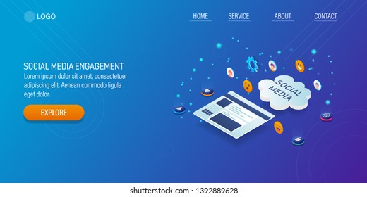 Modern isometric concept of Social media marketing, Engaging Social media content, Social sharing, vector landing page with icons and texts