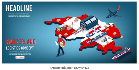 Modernes isometrisches Konzept der Schweiz Logistik Landing Seite mit Global Logistics, Warehouse, Sea Freight. 
Einfache Bearbeitung und Anpassung. Vektorgrafik