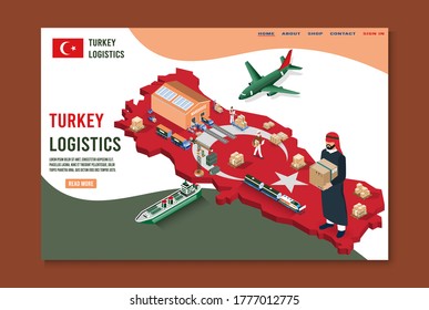 Modern isometric concept of Turkey Logistics Landing page with Global Logistics, Warehouse, Sea Freight. 
Easy to edit and customize. Vector illustration