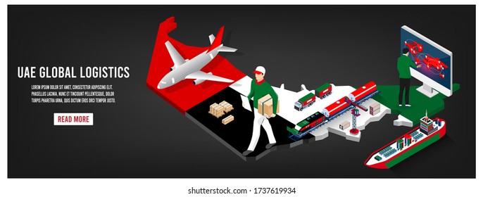 Modern isometric concept of UAE transportation with Global Logistics, Warehouse Logistics, Sea Freight Logistics. Easy to edit and customize. Vector illustration