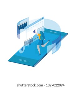 Modernes isometrisches Konzept für Video-Werbung, Video-Marketing-Kampagne, Werbung für digitale Inhalte, Online-Werbung, Vektorgrafik. Digitale Videobotschaft, Online-Tutorial für mobile und Web-Grafiken