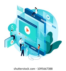 Modern isometric concept for video marketing campaign, video ad, digital content, promotion, online advertisement vector illustration. Digital video message, online tutorial for mobile and web graphic