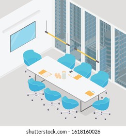 Modern isometric conference room with a city view. Vector illustration in flat design, isolated.