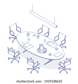 Modern isometric conference room on white. Vector illustration in flat design, isolated. Outlined, linear style. 