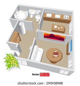 Modern isometric cottage interior. Isometric open plan house.part of architectural project Ground Floor Plan Floor plan House Home Building Architecture Blueprint Layout Detailed plan. EPS10 vector