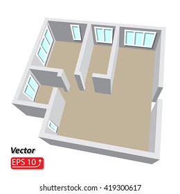 Modern Isometric Cottage Interior. Isometric Open Plan House, Apartment , Part Of Architectural Project Floorplan House Home Building Architecture Blueprint Layout Plan. 3d Illustration EPS10 Vector