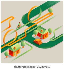 Modern isometric country road with bicycle and vehicle. Light background. 