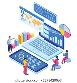Modern Isometric Data Analysis Illustración, Banners Web, Adecuados para diagramas, infografías, Ilustración de Libros, Activos De Juego Y Otros Activos Relacionados Con Gráficos