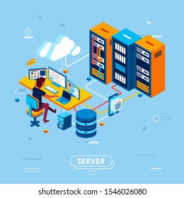 modern isometric design of cloud server management, man working in data center room managing data in cloud server vector illustration. use it for info graphic, landing page and other.
