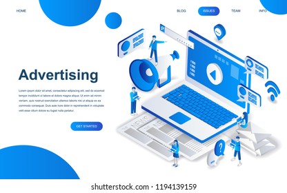 Modern isometric design concept of Advertising and Promotion for website and mobile website development. Isometric landing page template. Social media campaign, marketing. Vector illustration.