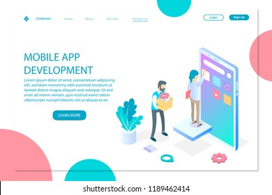 Modern isometric design concept of App Development for website and mobile website, landing page vector template