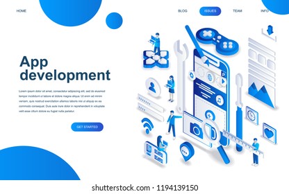 Modern isometric design concept of App Development for website and mobile website development. Isometric landing page template. Developing programming a new project. Vector illustration.