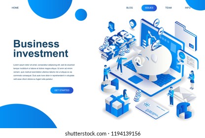 Modern isometric design concept of Business Investment for website and mobile website development. Isometric landing page template. Analysis of sales, statistic growth data. Vector illustration.