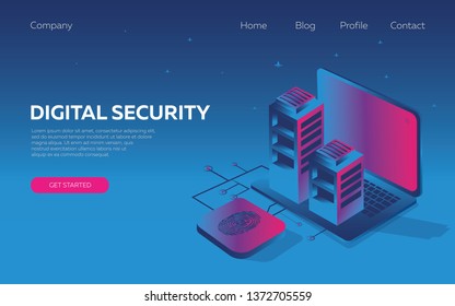Modern isometric design concept, data protection, biometric technology, inspired by the disco music of the 80s, 3d background, neon, business, network telecommunications server. Landing page template.