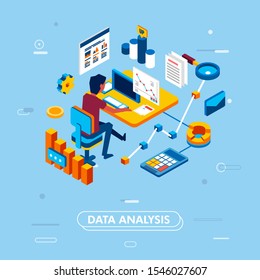 modern isometric design concept of data analysis for website and mobile application. man working on desk with computer with diagram, data, calculator, file element vector illustration.