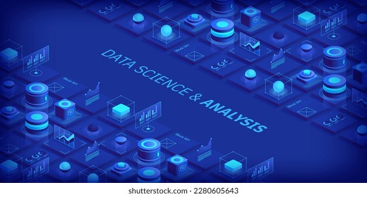 Modern isometric design concept of data science and analysis. Technology background. Illustration for websites, landing pages, mobile applications, posters and banners