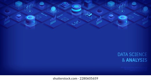 Modern isometric design concept of data science and analysis. Technology background. Illustration for websites, landing pages, mobile applications, posters and banners