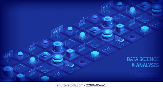 Modern isometric design concept of data science and analysis. Technology background. Illustration for websites, landing pages, mobile applications, posters and banners