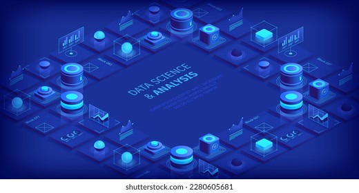 Modern isometric design concept of data science and analysis. Technology background. Illustration for websites, landing pages, mobile applications, posters and banners