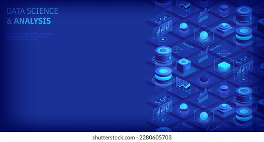 Modern isometric design concept of data science and analysis. Technology background. Illustration for websites, landing pages, mobile applications, posters and banners