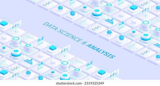 Modern isometric design concept of data science and analysis. Technology background. Illustration for websites, landing pages, mobile applications, posters and banners