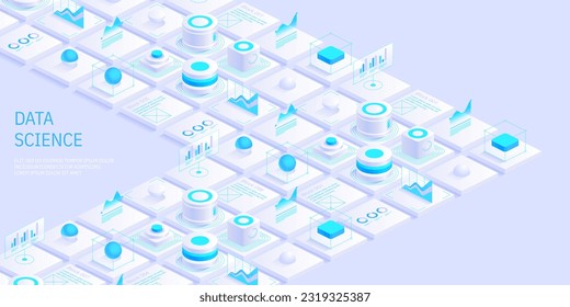 Modern isometric design concept of data science and analysis. Technology background. Illustration for websites, landing pages, mobile applications, posters and banners