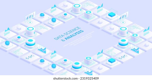 Modern isometric design concept of data science and analysis. Technology background. Illustration for websites, landing pages, mobile applications, posters and banners