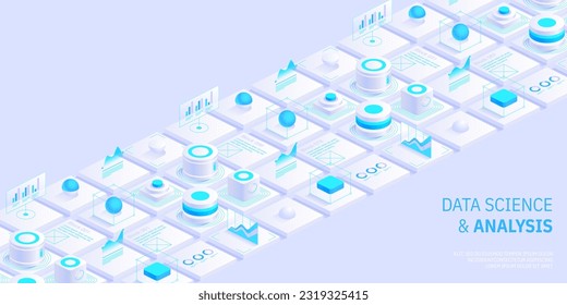 Concepto moderno de diseño isométrico de ciencia y análisis de datos. Antecedentes tecnológicos. Ilustración de sitios web, páginas de aterrizaje, aplicaciones móviles, carteles y banners