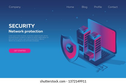 Modern isometric design concept, database protection, server shield inspired disco music of the 80s, 3d background, neon, business, network telecommunications server. Landing page template.