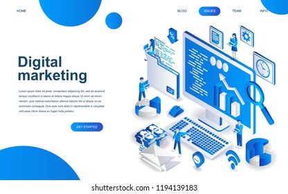 Modern isometric design concept of Digital Marketing for website and mobile website development. Isometric landing page template. Business analysis, content strategy. Vector illustration.