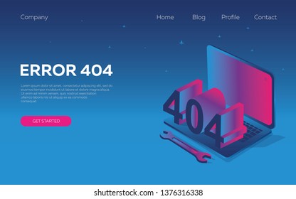 Modern isometric design concept, error 404, inspired by disco music of the 80s, 3d background, neon, business, service message on the website, error, page not found, websit. Landing page template.