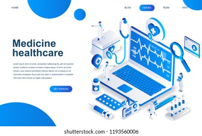 Modern isometric design concept of Online Medicine and Healthcare for website and mobile website development. Isometric landing page template. Doctors treating the patient. Vector illustration.