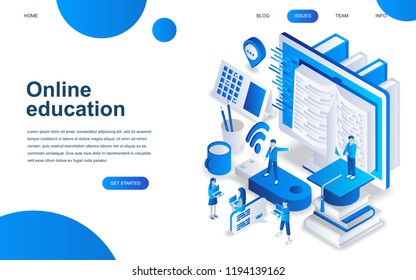 Modernes isometrisches Design-Konzept der Online-Bildung für Website und mobile Website-Entwicklung. Isometrische Landen-Page-Vorlage. Online-Schulungen, Universitätsstudium. Vektorillustration.