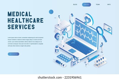 Modern isometric design concept of Online Medicine and Healthcare for website and mobile website development. Isometric landing page template