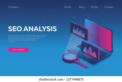 Modern isometric design concept, seo analysis, inspired by the disco music of the 80s, 3d background, neon, business, analysis of search engine optimization, innovation. Landing page template