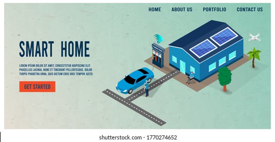 Modern isometric design concept of Smart Home with Intelligent buildings, Electric vehicle charging station, Solar Rooftop Energy. Vector illustration