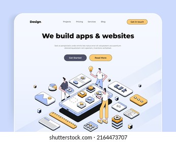 Concepto moderno de diseño isométrico de Design Studio para sitio web y sitio web móvil. Plantilla de página de inicio. Fácil de editar y personalizar. Ilustración del vector